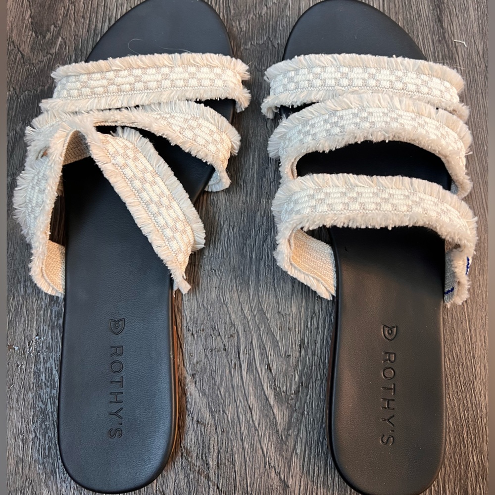 Rothy's Triple Band Seashell Fringe Trim Slip On Slide Sandals Women's 10